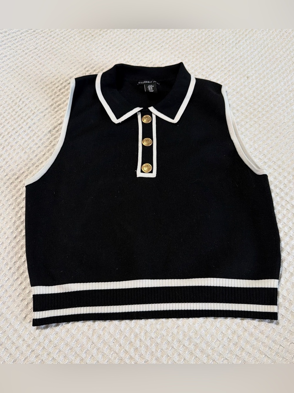 Sincerely Jules Black Sleeveless Polo Tank with White Trim & Gold Buttons